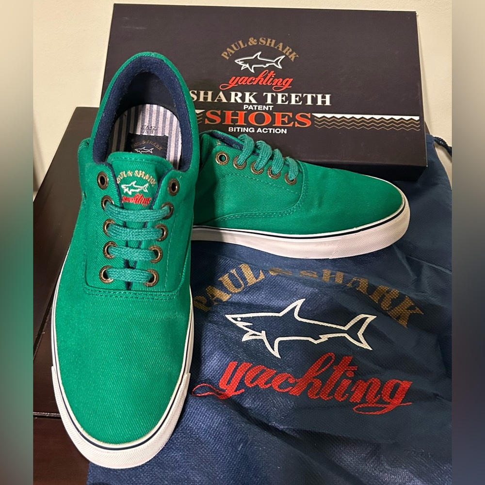Paul & Shark Yachting Rare Shark Teeth Green Canvas Yacht Boat Shoes 42 US9